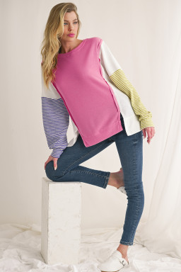 Sachet Pink Waffle Patchwork Striped Sleeve Top