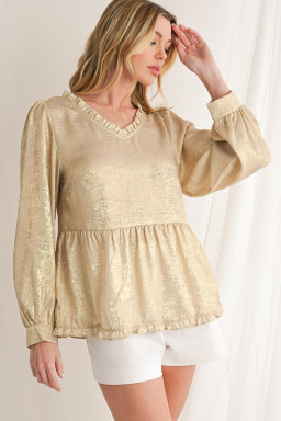 Gold Metallic Velvet Frill V Neck Puff Sleeve Babydoll Blouse