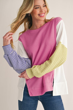 Sachet Pink Waffle Patchwork Striped Sleeve Top