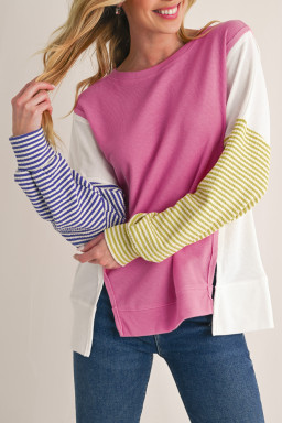 Sachet Pink Waffle Patchwork Striped Sleeve Top