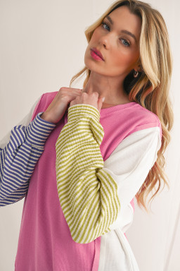 Sachet Pink Waffle Patchwork Striped Sleeve Top