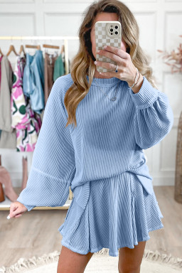 Sky Blue Corded Lantern Sleeve Top High Waist Ruffled Mini Skort Set