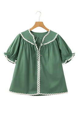 Mist Green V Neck Tie Detail Ricrac Blouse