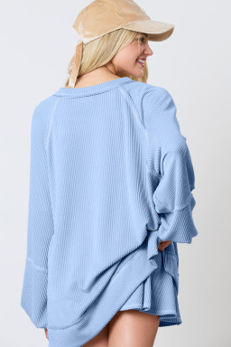 Sky Blue Corded Lantern Sleeve Top High Waist Ruffled Mini Skort Set
