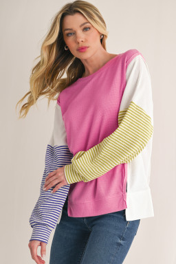 Sachet Pink Waffle Patchwork Striped Sleeve Top