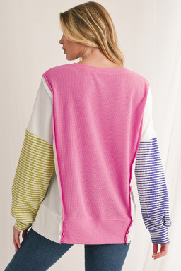 Sachet Pink Waffle Patchwork Striped Sleeve Top