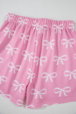 Pink Waffle Knit Bowknot Printed V Neck T Shirt And Shorts Set