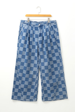 Dusk Blue Plus Size Checkered Seamed High Waist Wide Leg Jeans