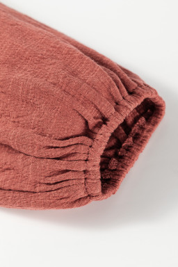 Mineral Red Solid Color Textured Frill Trim V Neck Puff Sleeve Blouse