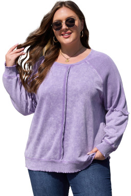 Orchid Petal Textured Patchwork Plus Size Pullover Sweatshirt