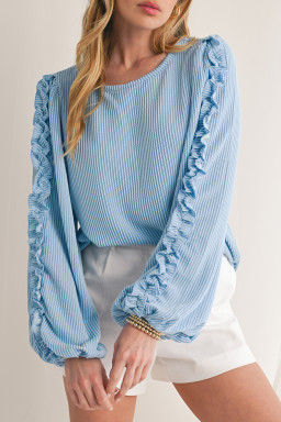 Mist Blue Corded Frill Detail Puff Sleeve Top