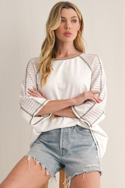 White Striped Raglan Sleeve Patchwork Top