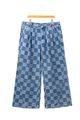 Dusk Blue Plus Size Checkered Seamed High Waist Wide Leg Jeans