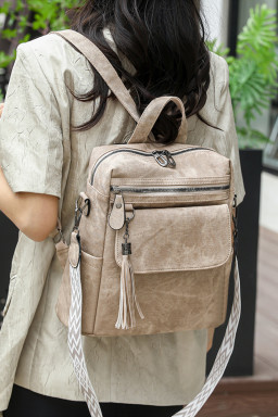 Parchment Multi-Pocket Tassel Geometric Printed Strap PU Leather Backpack
