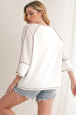 White Striped Raglan Sleeve Patchwork Top