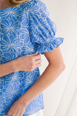 Sky Blue Boho Floral Eyelet Puff Sleeve Blouse