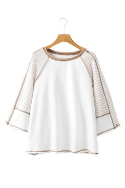 White Striped Raglan Sleeve Patchwork Top