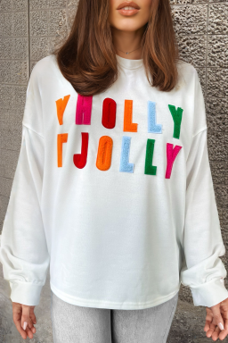 White HOLLY JOLLY Chenille Letter Christmas Plus Size Sweatshirt