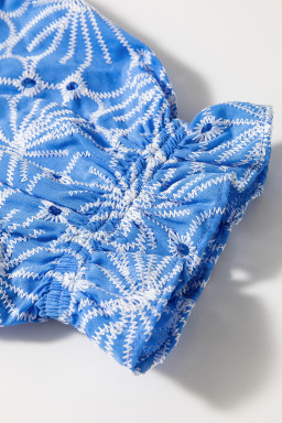 Sky Blue Boho Floral Eyelet Puff Sleeve Blouse