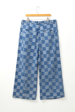 Dusk Blue Plus Size Checkered Seamed High Waist Wide Leg Jeans
