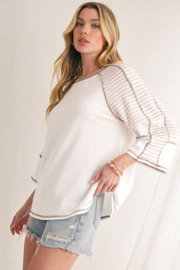White Striped Raglan Sleeve Patchwork Top