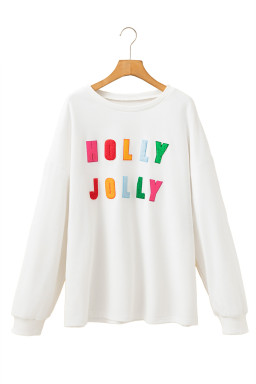 White HOLLY JOLLY Chenille Letter Christmas Plus Size Sweatshirt