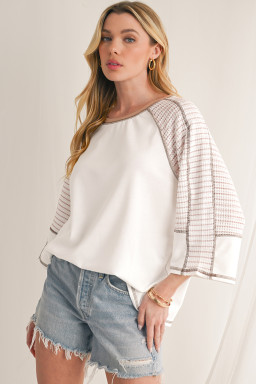 White Striped Raglan Sleeve Patchwork Top
