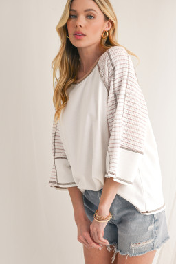 White Striped Raglan Sleeve Patchwork Top