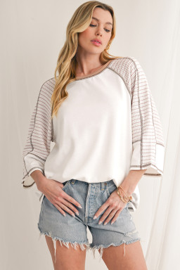 White Striped Raglan Sleeve Patchwork Top