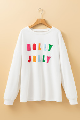 White HOLLY JOLLY Chenille Letter Christmas Plus Size Sweatshirt