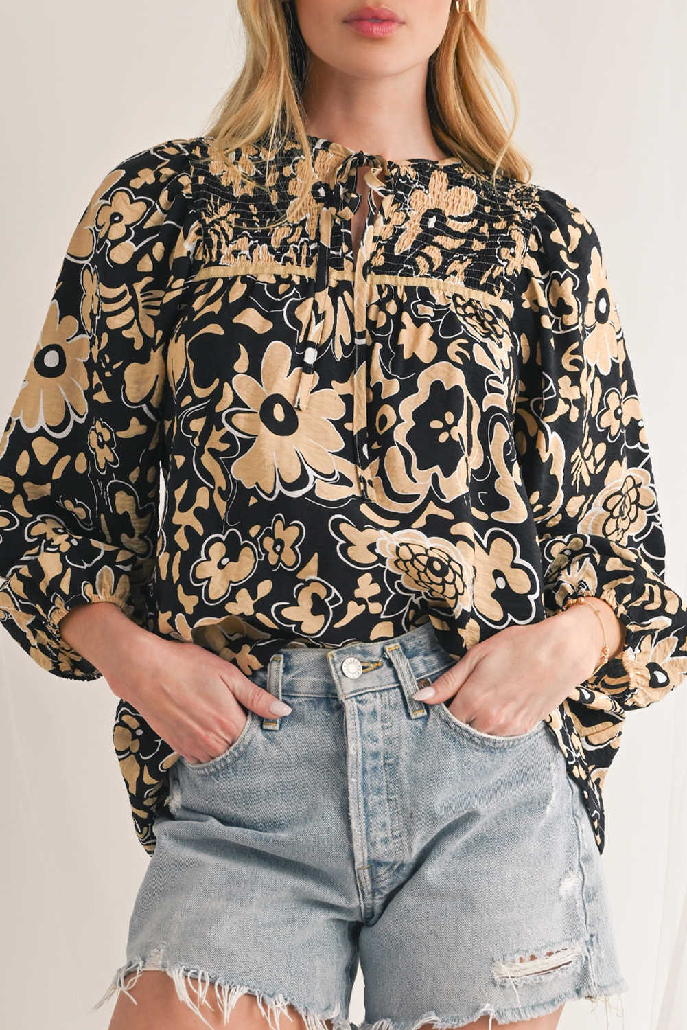 Black Boho Floral Smocked V Neck Bracelet Sleeve Blouse