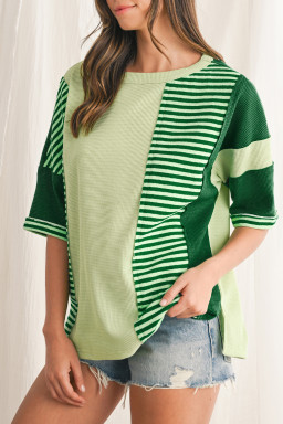 Mint Green Striped Patchwork Half Sleeve T Shirt