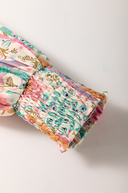 Multicolour Boho Long Sleeve V-Neck Knot Mini Dress