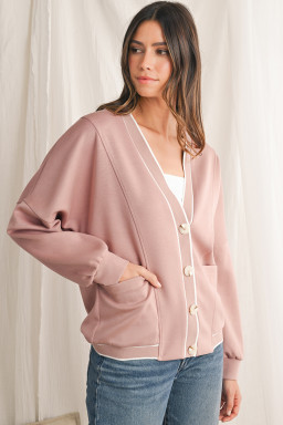 Pink Side Pockets V Neck Button Down Preppy Sweatshirt Cardigan