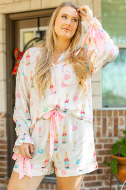 White Wine Glass Print Ribbon Bow Decor Plus Size Pajama Set