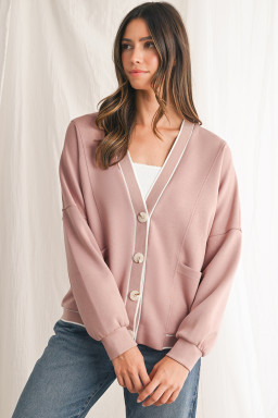Pink Side Pockets V Neck Button Down Preppy Sweatshirt Cardigan