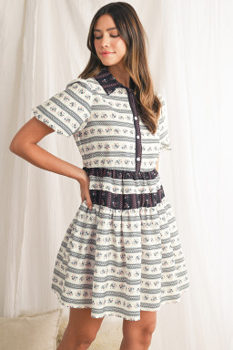 Black Boho Striped Floral Bubble Sleeve Mini Dress