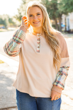 Parchment Plus Size Plaid Waffle Patchwork Henley Top
