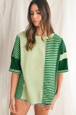 Mint Green Striped Patchwork Half Sleeve T Shirt