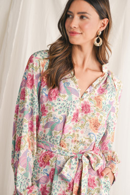 Multicolour Boho Long Sleeve V-Neck Knot Mini Dress