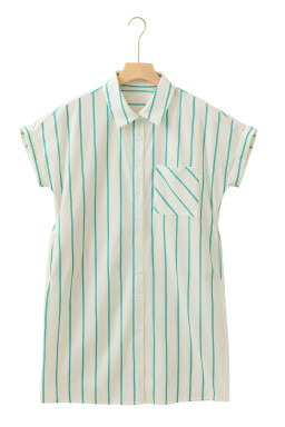 Mint Green Striped Pocket Short Sleeve Mini Dress