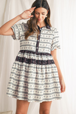 Black Boho Striped Floral Bubble Sleeve Mini Dress