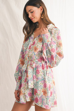 Multicolour Boho Long Sleeve V-Neck Knot Mini Dress