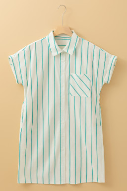 Mint Green Striped Pocket Short Sleeve Mini Dress