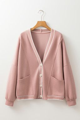 Pink Side Pockets V Neck Button Down Preppy Sweatshirt Cardigan