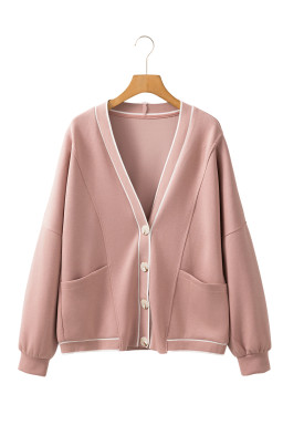 Pink Side Pockets V Neck Button Down Preppy Sweatshirt Cardigan