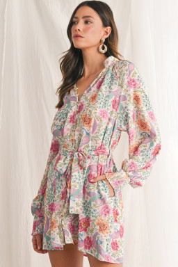 Multicolour Boho Long Sleeve V-Neck Knot Mini Dress