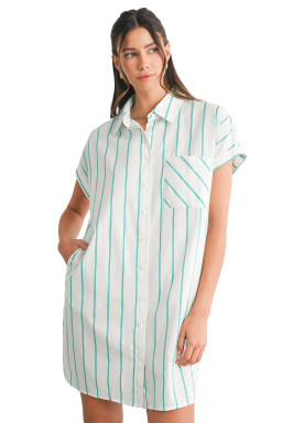 Mint Green Striped Pocket Short Sleeve Mini Dress