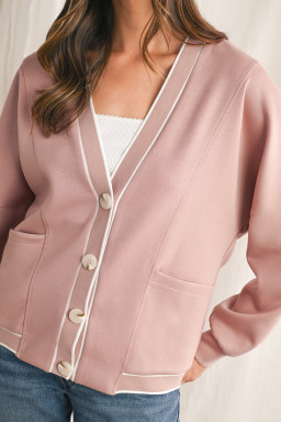 Pink Side Pockets V Neck Button Down Preppy Sweatshirt Cardigan