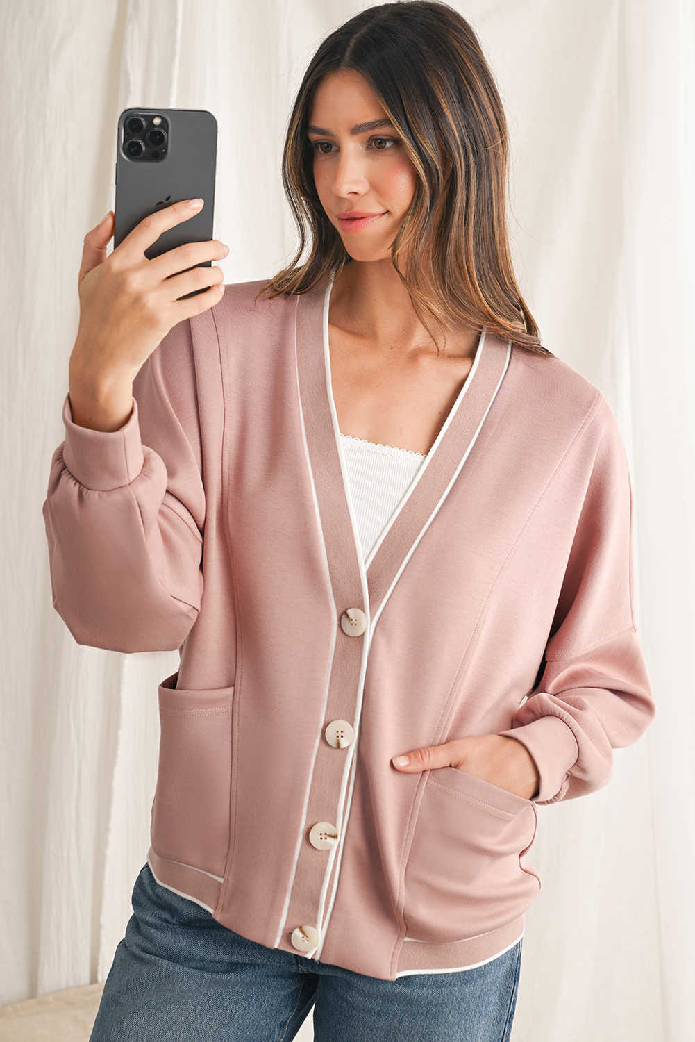 Pink Side Pockets V Neck Button Down Preppy Sweatshirt Cardigan